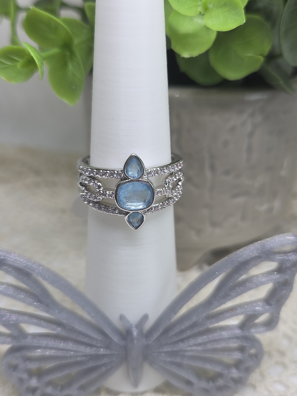 BP Baby Sky Blue Topaz  Triple-Band Ring On Rhodium